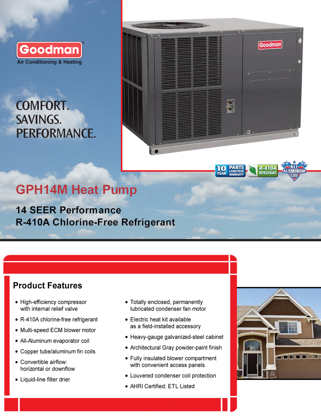 3.5 Ton Goodman 14 SEER Heat Pump DOWN-FLOW or HORIZONTAL Package Unit GPH1442M41 (F)
